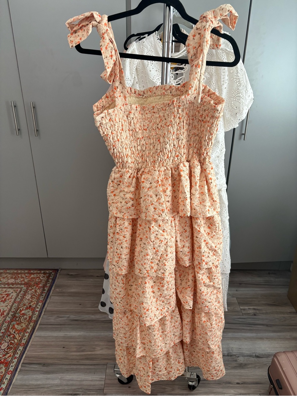 Just Me Peach Floral Tiered Maxi Dress with Tie Straps - Picture 3 of 5
